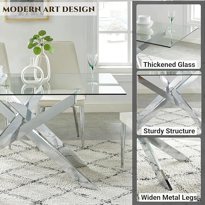 Edwin's Choice 58.5” Rectangle Glass Dining Table, Tempered Glass Tabletop and - Image 3