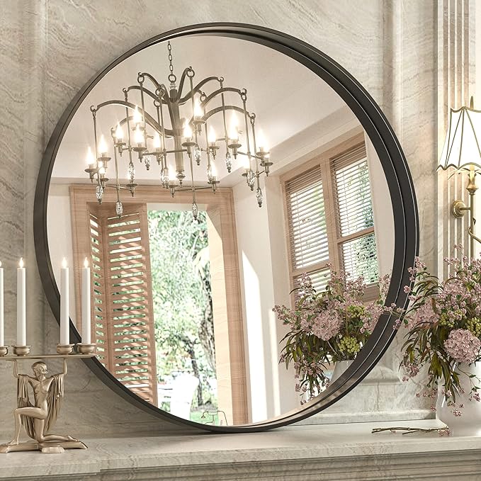 Keonjinn Black Round Mirror 24 Inch, Brushed Black Framed Circle Mirror by Keonjinn