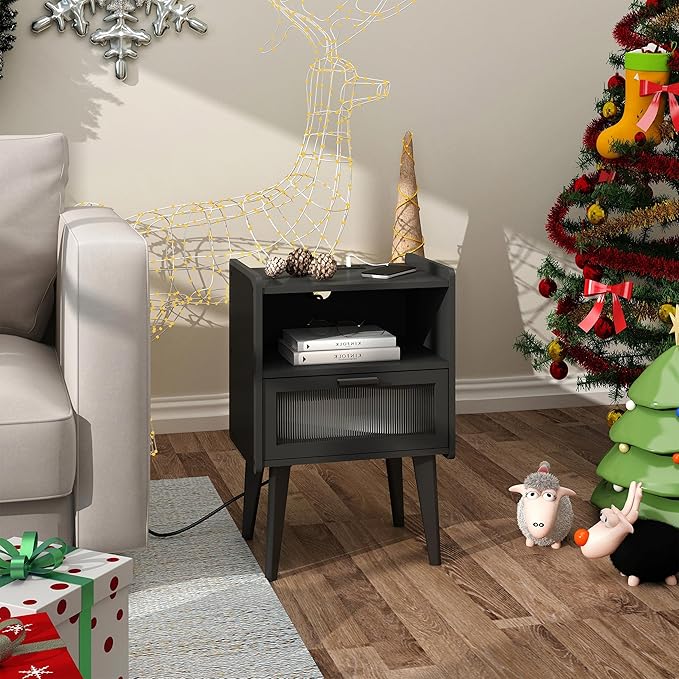 Nightstand with Charging Station, Bedside Tables, End Table Side Table with 2 - Image 4