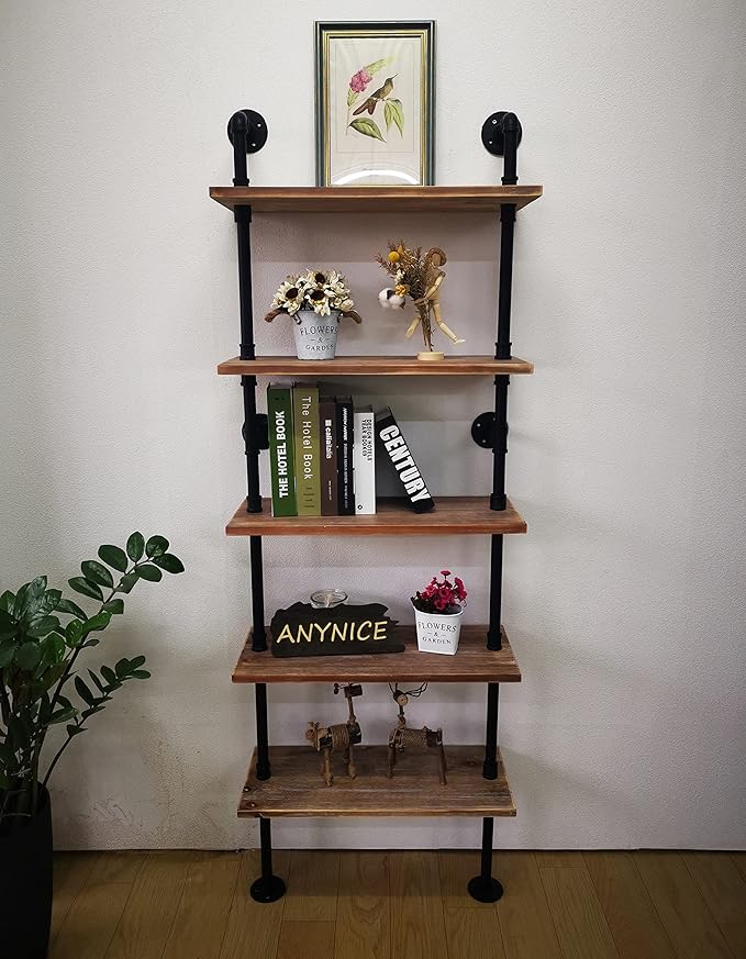 5 Tier Industrial Ladder Bookshelf, Wall Mounted Wood Metal Rustic Pipe Shelves - Image 7