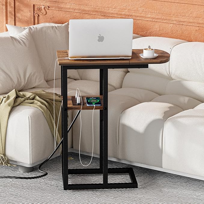 C Shaped End Table with Charging Station, Side Table - Image 6