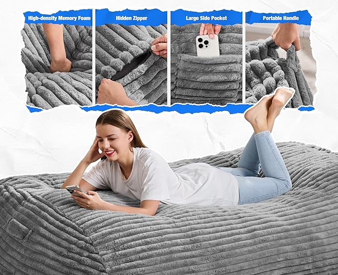 Hobestluk 6FT Bean Bag Chairs Adult Bean Bag - Image 5