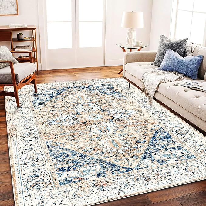 Retro Washable Area Rug 4X6 Washable Living Room Boho Chic Medallion Distressed by CHAMPLANT