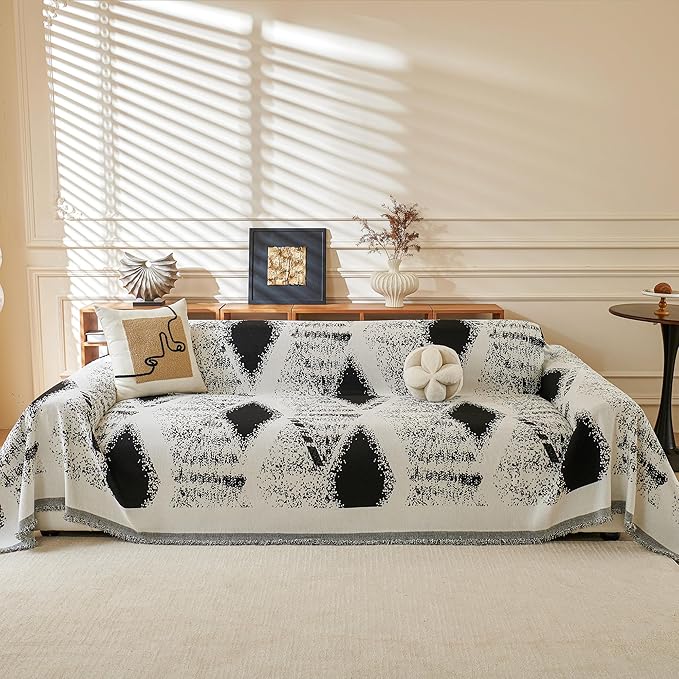 MYSKY HOME Sectional Couch Cover Black Boho Geometric Sofa Covers by MYSKYHOME
