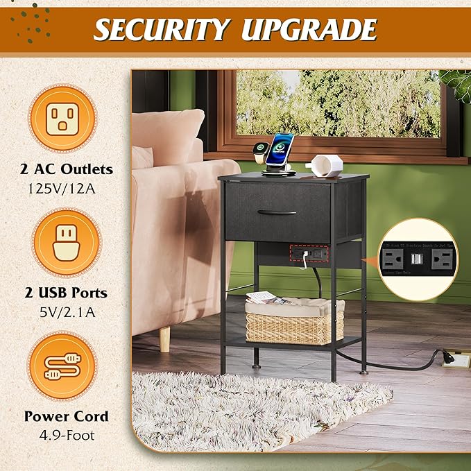 WLIVE Night Stand with Charger Station, Small Nightstand with 1 Fabric Drawer - Image 4