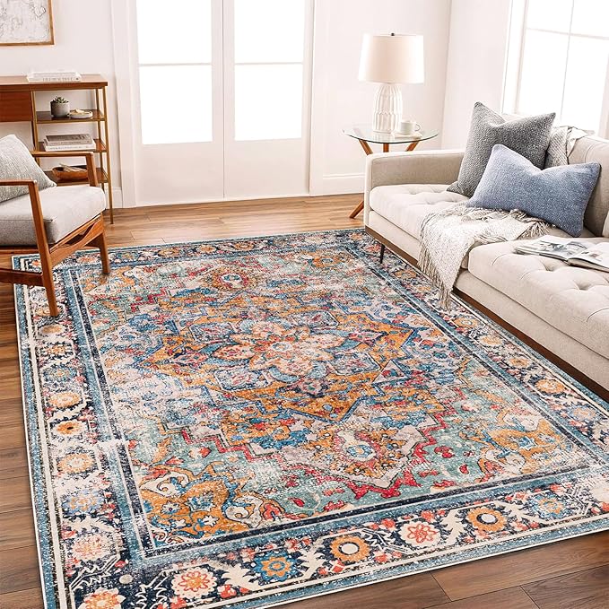 6'x9' Washable Vintage Area Rug Boho Chic Medallion Distressed Design by CHAMPLANT