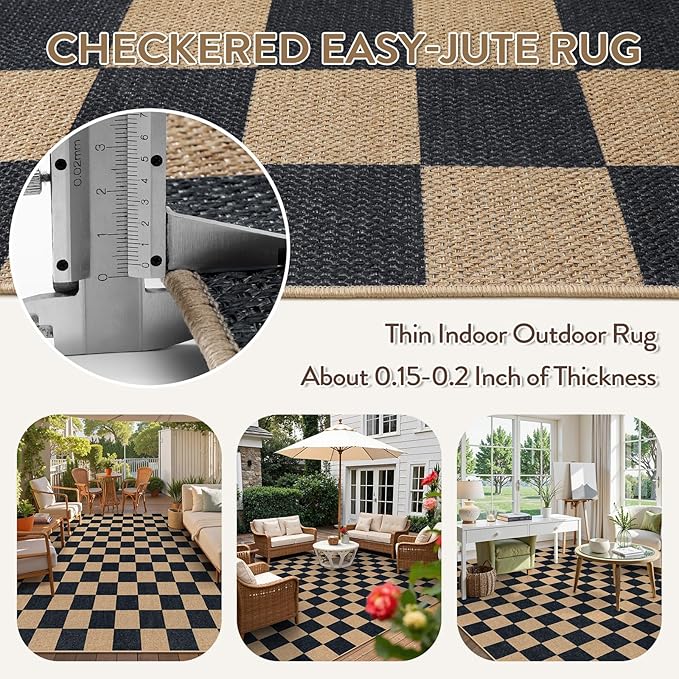 Lahome Checkered Easy Jute 8x10 Rug, Washable Rugs - Image 3