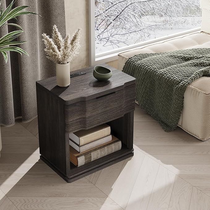 Nightstand with Charging Station, Wooden Curved Night Stand Bedside Table with - Image 7