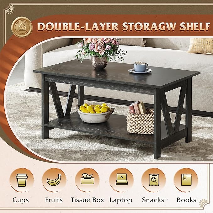 WLIVE Coffee Table with Storage Shelf, 39.4" Farmhouse Coffee Table with - Image 5