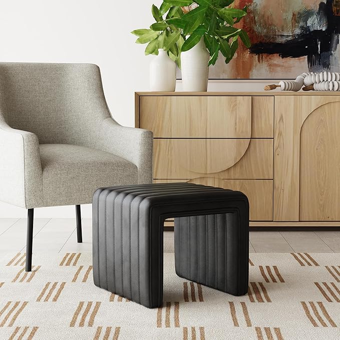 HomePop Modern Channel Tufted Faux Leather Ottoman Home Décor|Ottoman - Image 2