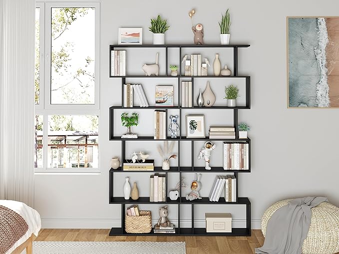 Yusong Bookshelf 6-Tier, Geometric Bookcase S Shaped Book Shelves - Image 9