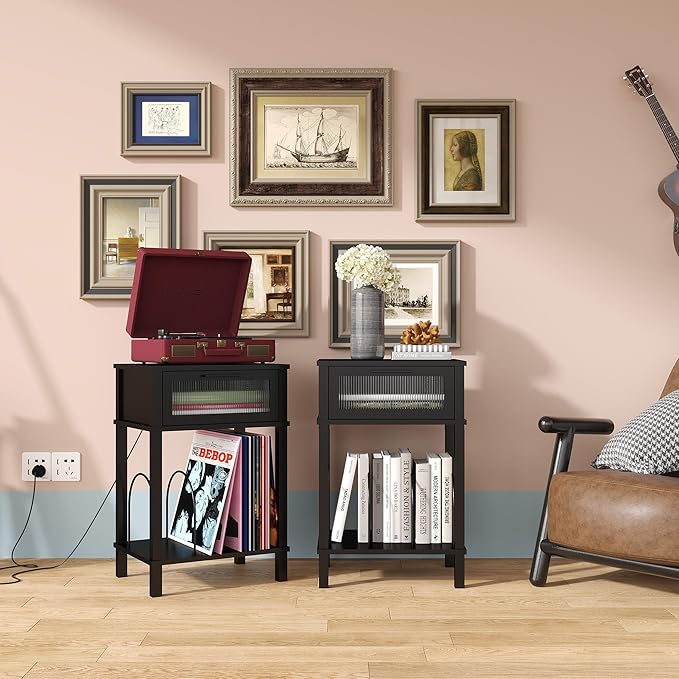 End Table with Record Player Stand, Side Table with Storage, 2-Tier Nightstand - Image 4