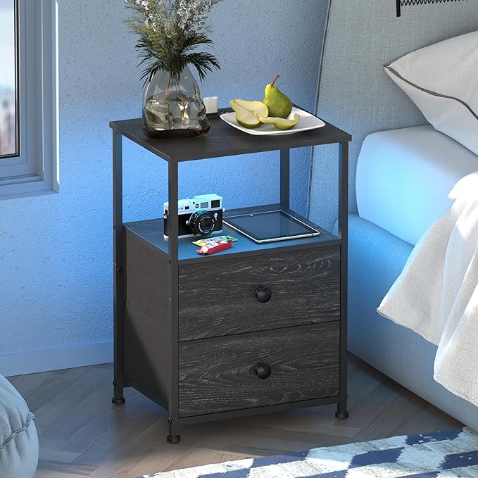 Tohomeor End Table with Charging Station, LED Light, Fabric Drawers, and USB by Tohomeor