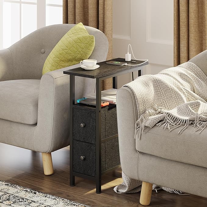 End Table with Charging Station, Narrow Side Table with 2 Fabric Drawers - Image 2
