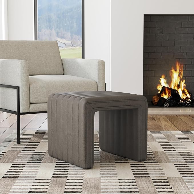HomePop Modern Channel Tufted Faux Leather Ottoman Home Décor|Ottoman - Image 2