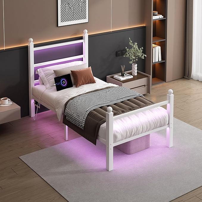 Twin Bed Frame with Headboard and Footboard, Steel Slats Support-LED Bed Frame - Image 7