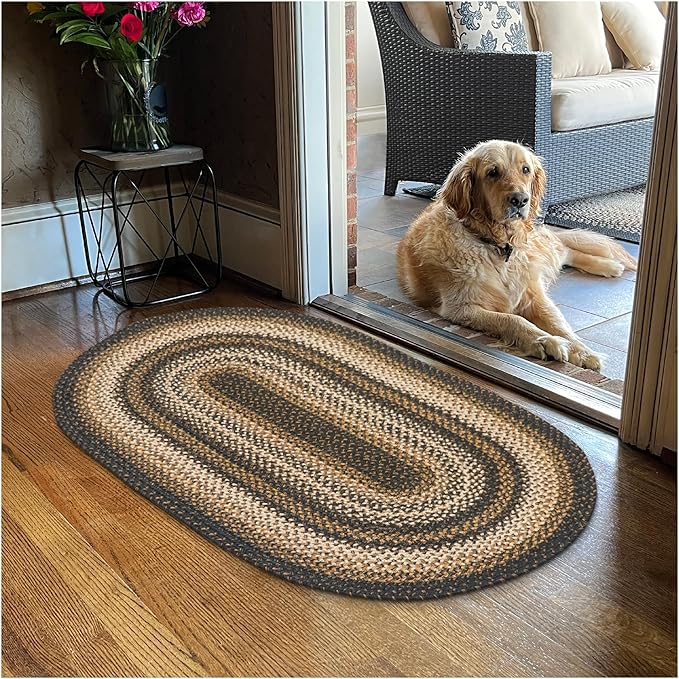 Kilimanjaro Black and Tan Jute Braided Oval Rug, 20x30 by Homespice