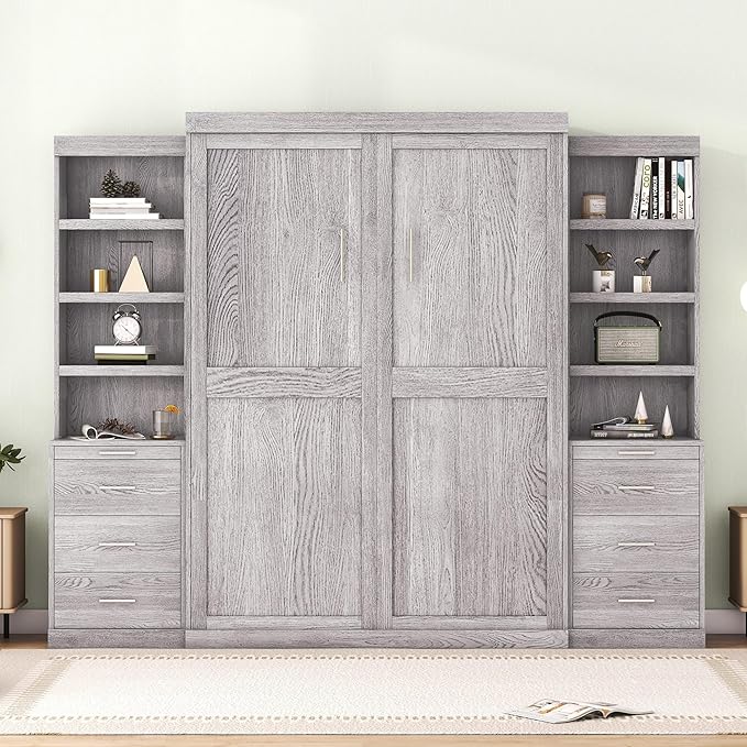 Full Size Murphy Bed with Storage Shelves and Drawers, Easy Fold Wood Wall Bed - Image 5