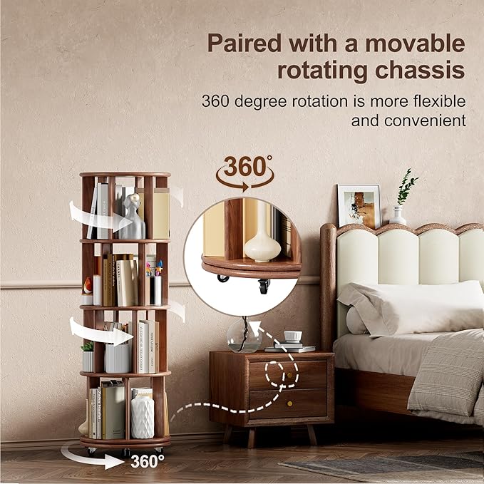 KEIKI Solid Wood 4 Tier Rotating Bookcase, Round Revolving Bookshelf - Image 3