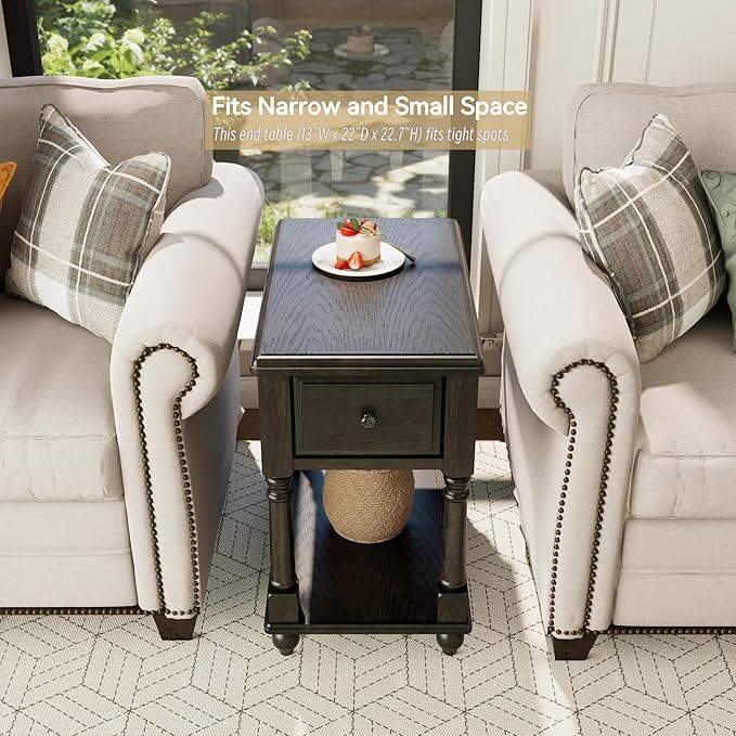 Narrow End Table with Drawer and Open Storage Shelf, Solid Wood Sofa Side Table - Image 4