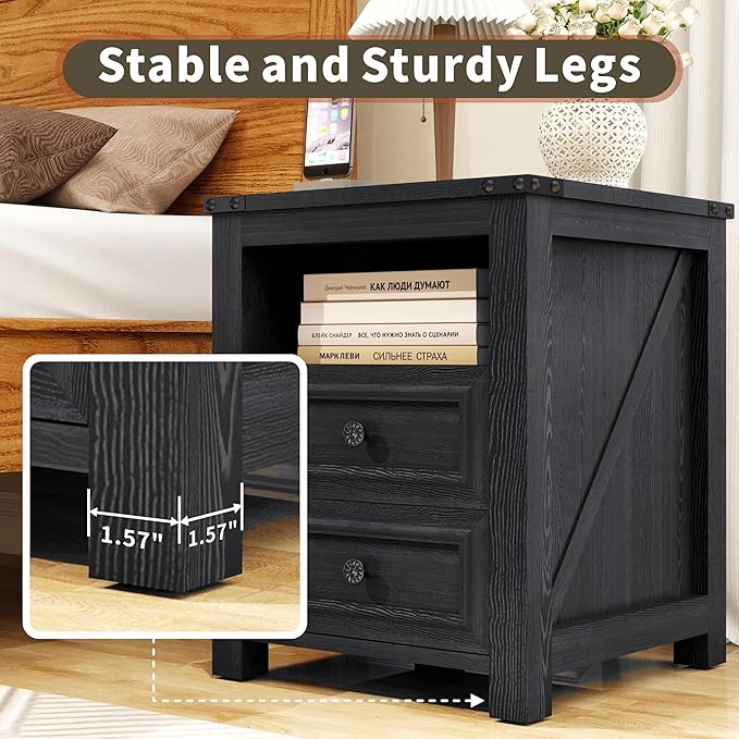 Farmhouse Nightstand with Charging Station, 18” Wide End Table with 2 Drawers - Image 5