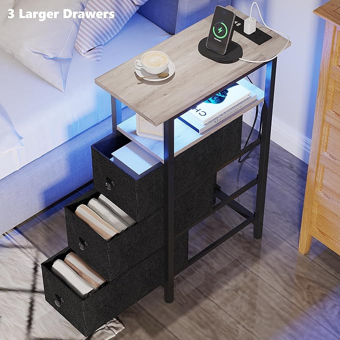 End Table with Charging Station, Narrow Side Table with 3 Fabric Drawers - Image 6