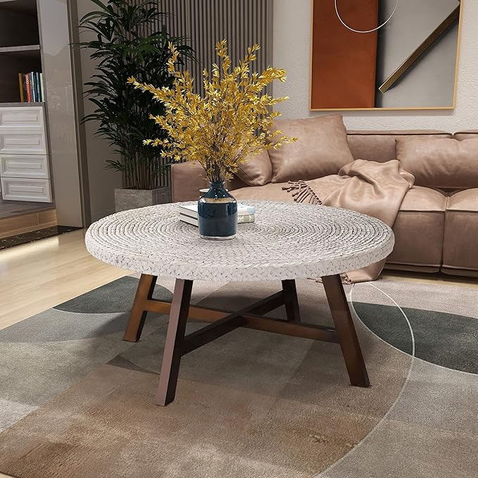 Round Coffee Table, RANDEFURN Seagrass Coffee Tables, Pine Wood X Base Frame by Unknown