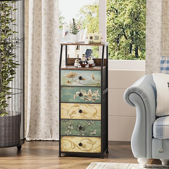 Tohomeor Nightstand with Fabric Drawers Dresser with 2 Tier Shelf Storage Tower by Tohomeor