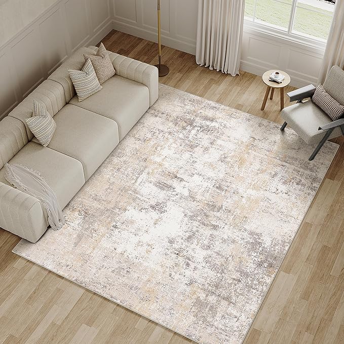 5x7 Washable Area Rug Beige Grey Neutral Abstract Living Room Bedroom Throw Rug - Image 3