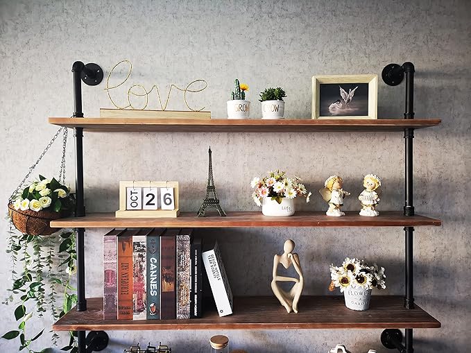 Industrial Ladder Pipe Shelf, Wall Mounted Wood Metal Bookshelf - Image 6