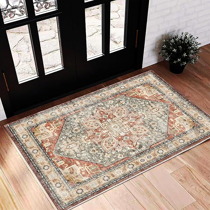 2'x3' Red Khaki Area Rug Washable Door Mat Vintage Distressed Doormat Indoor by CHAMPLANT