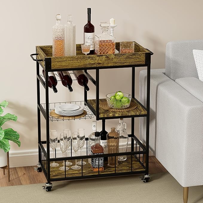 Bar Cart with Basket 3 Tiers Home Rolling Wine Rack with Wheels Mobile Kitchen - Image 8