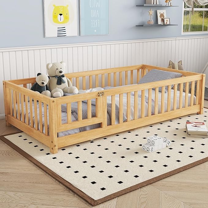 Twin Floor Bed Frame with Slats and Safety Guardrail, Wood Twin Size Montessori by Bellemave