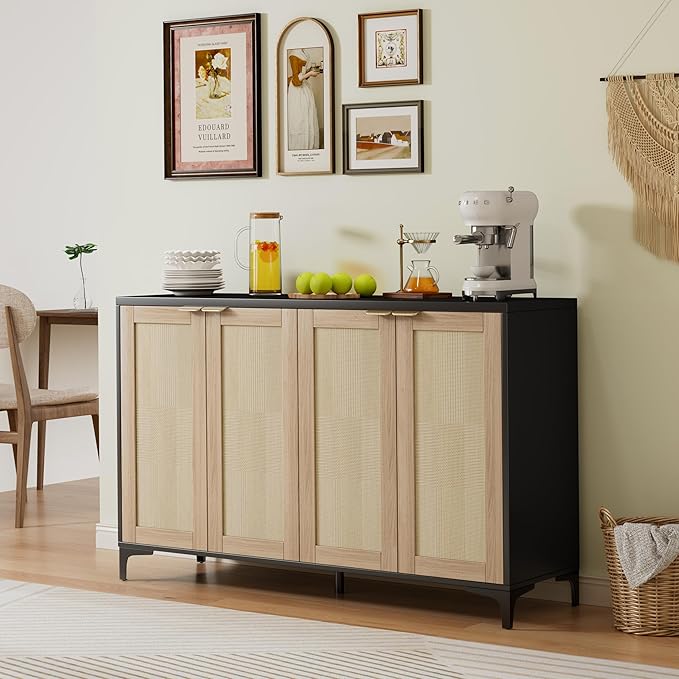 Sideboard Buffet Cabinet with Storage, 4 Doors Rattan Kitchen Cabinet with - Image 2