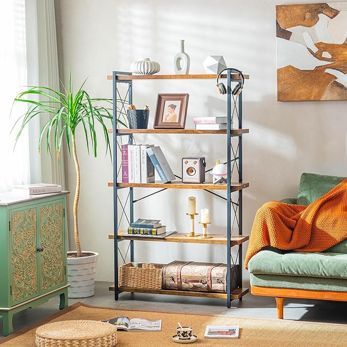 Bookshelf, 5 Tier Book Shelf, Industrial Tall Bookcase - Image 2