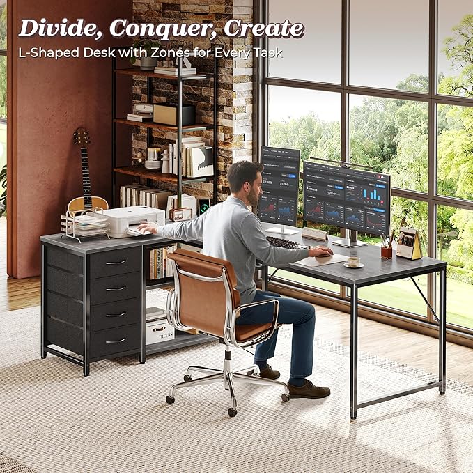 PRAISUN 61" L Shaped Desk with Power Outlets and USB-C Port, Reversible - Image 2