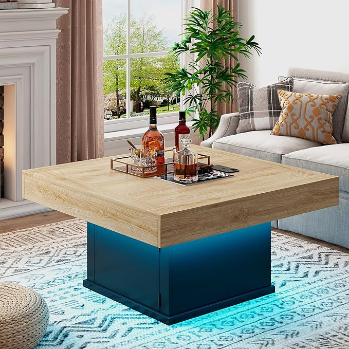 LED Coffee Tables for Living Room, Farmhouse Wood Coffee Table, 33.5" Square - Image 6