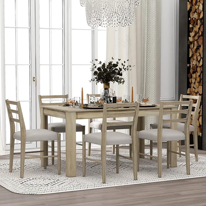 7 Pieces Dining Table Set with 6 Upholstered Chairs, Living Room Desk W/ 2 - Image 3