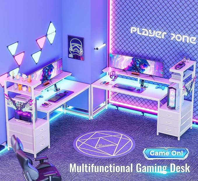 PRAISUN 61.7" Gaming Desk with LED Lights & Outlets, Computer Desk with 3 - Image 3