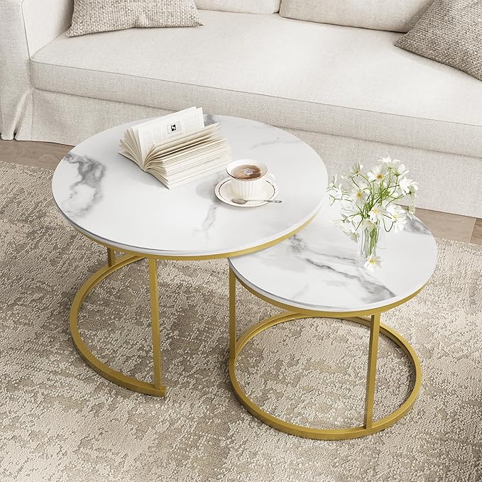 Smuxee White Nesting Coffee Table Set of 2, 27.6" Round Coffee Table Wooden - Image 7