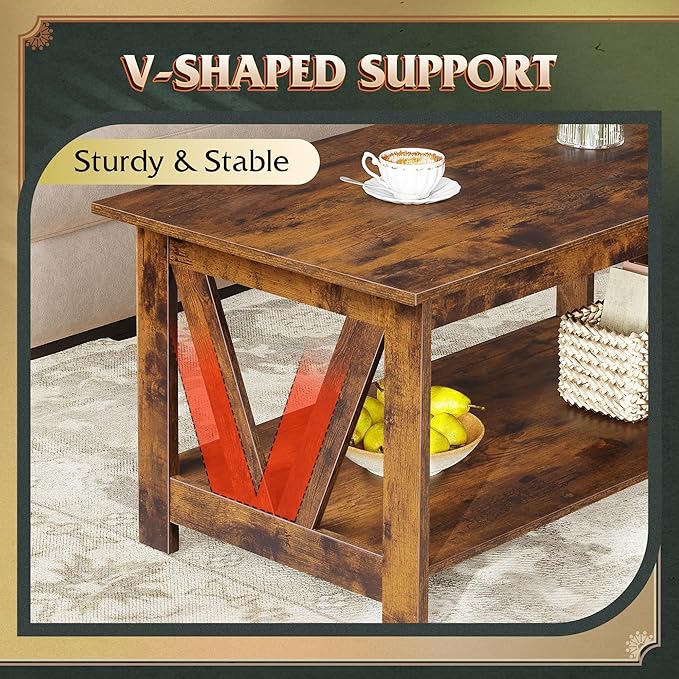 WLIVE Coffee Table with Storage Shelf, 39.4" Farmhouse Coffee Table with - Image 4