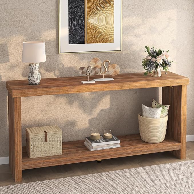 63 Inches Narrow Console Table, 2-Tier Long Sofa Tables Behind Couch Table - Image 4