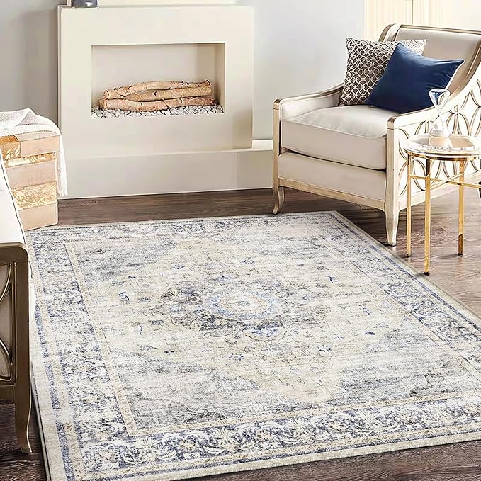 Area Rug 5'x7' Washable Rug Floral Blue Vintage Traditional Floor Cover Thin - Image 2
