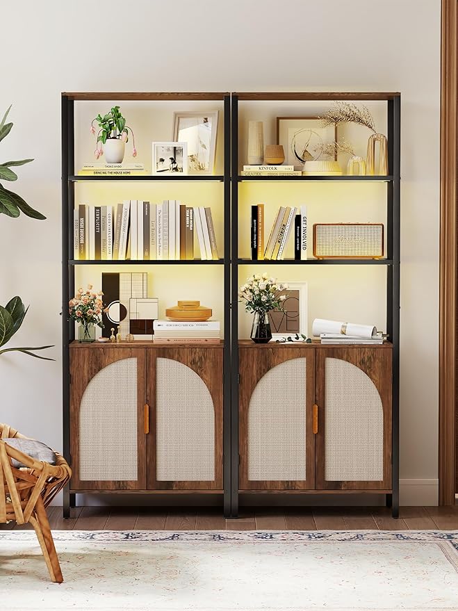 5 Tier Rattan Bookcase with Light 71" Tall Boho Bookshelf with Doors Large - Image 8