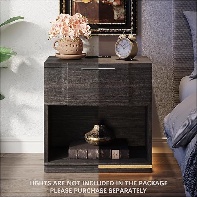 Nightstand with Charging Station, Wooden Curved Night Stand Bedside Table with - Image 5