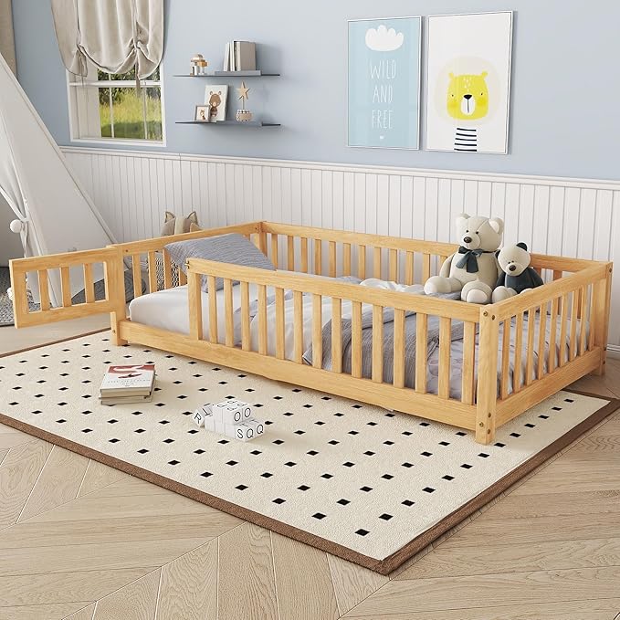 Twin Floor Bed Frame with Slats and Safety Guardrail, Wood Twin Size Montessori - Image 4