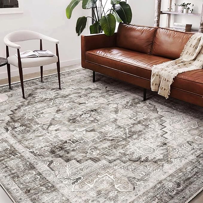 Washable Area Rug 8'x10' Deep Khaki Retro Boho Design Non-Shedding Non-Slip by CHAMPLANT