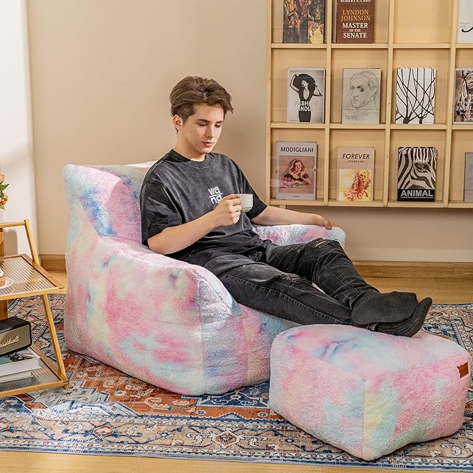 Bean Bag Chair, Sherpa Accent Beanbag Chair and Ottoman Set, Fur Faux BeanBag - Image 2
