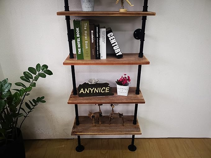 5 Tier Industrial Ladder Bookshelf, Wall Mounted Wood Metal Rustic Pipe Shelves - Image 9