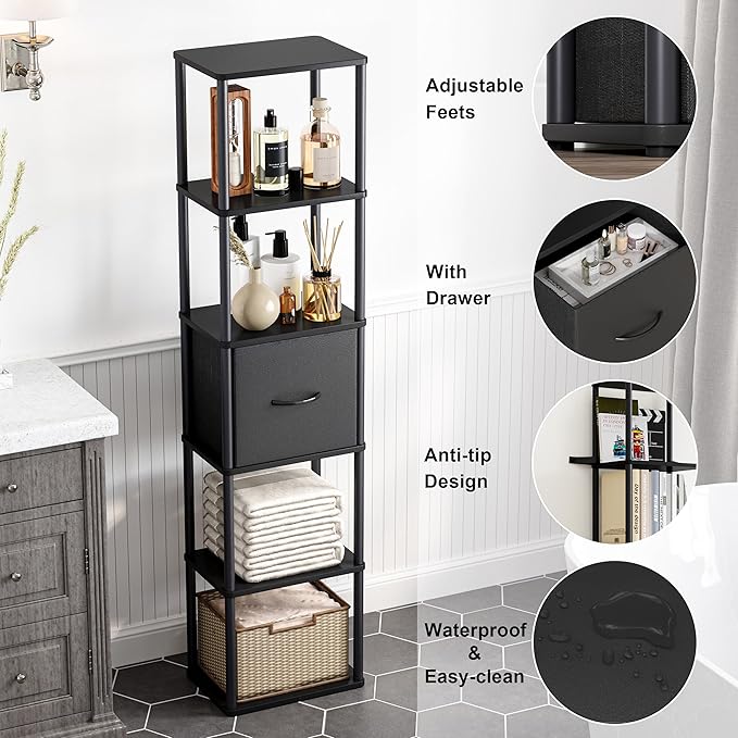 6-Tier Bookshelf with Drawer, Narrow Bookshelves Organizer, Floor Standing - Image 5